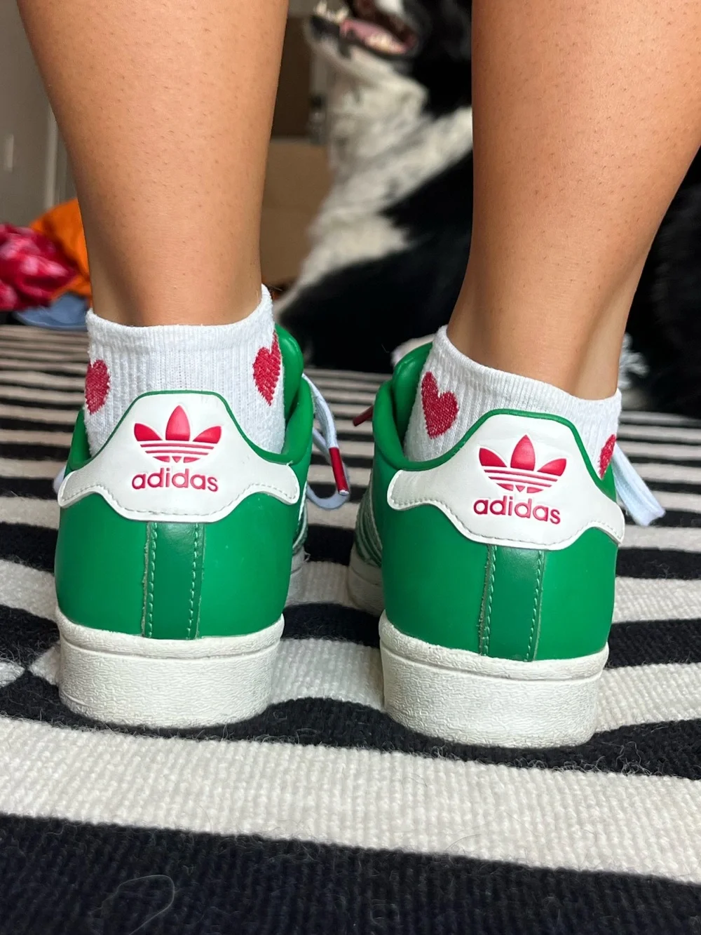 adidas women’s Green and White Superstar Sneakers with Red Logo